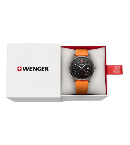 Men's Watch - WENGER CITY GMT 42mm Black Dial & Orange Silicon Strap