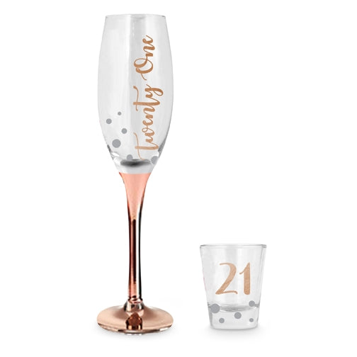 21st Rose Gold Champagne Glass And Shot Set