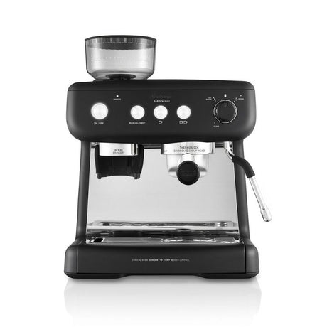 Sunbeam Barista Max Coffee Machine in black, featuring integrated grinder, 1550W power, and 15-bar pump for espresso perfection.