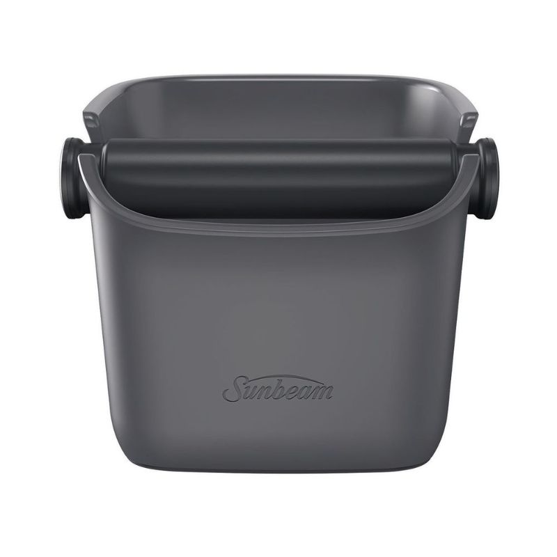 Compact grey coffee grinds bin with anti-slip base and sound-absorbing bar for tidy coffee preparation.