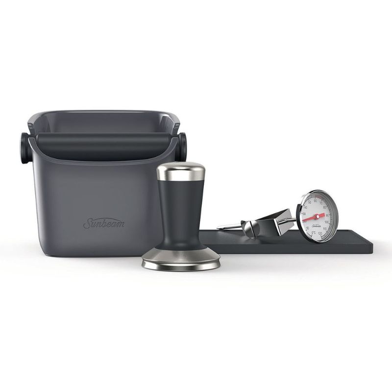 Sunbeam Barista Essentials Kit with tamper, frothing thermometer, and silicone mat for perfect home coffee brewing.