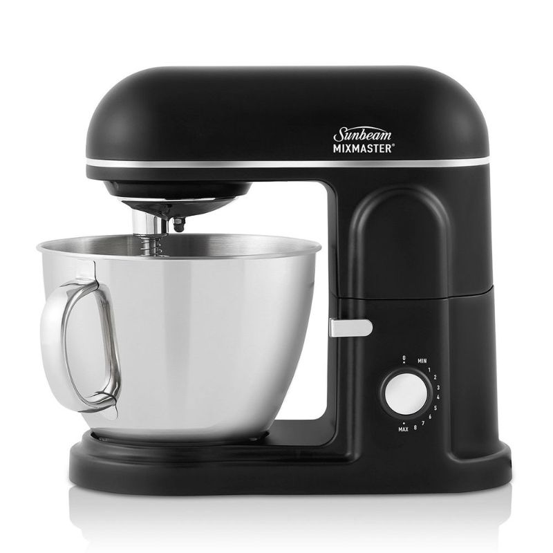 Sunbeam Stand Mixer in sleek black with 850-watt motor, 5L stainless steel bowl, and 8 speeds for versatile mixing.