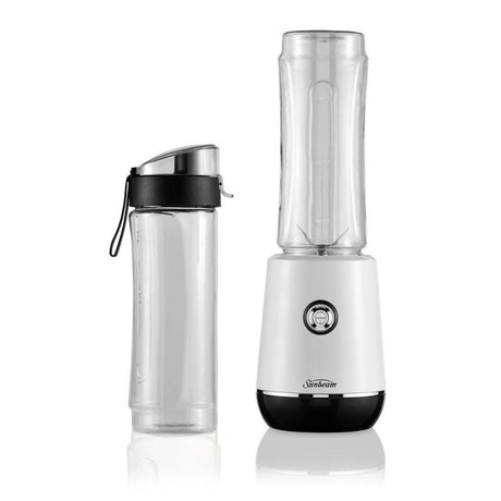 Sunbeam Insta Go Blender in white, featuring 350W motor, stainless steel blades, and two 600ml sport bottles for on-the-go smoothies.