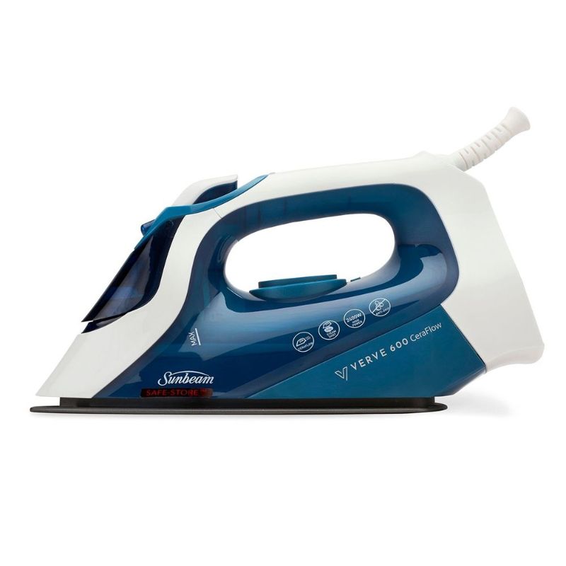 Sunbeam Verve 600 CeraFlow™ Iron with blue ceramic soleplate, 2400W, 300ml tank, lightweight, and vertical steam capability.