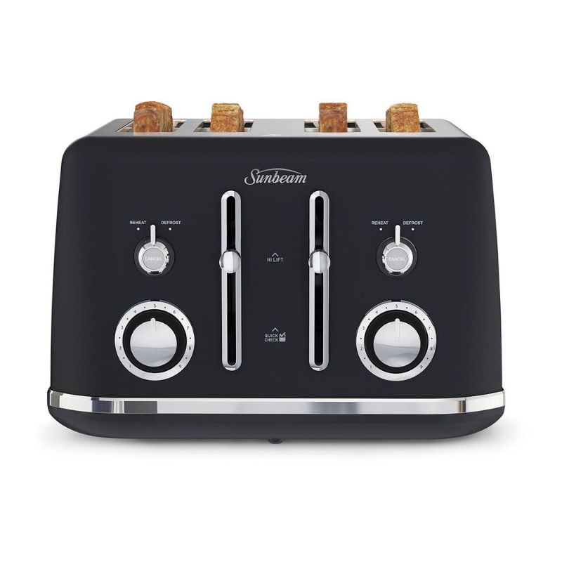 Sunbeam Alinea Classic 4 Slice Toaster in black, featuring dual controls, 9 browning settings, and a high-lift lever.