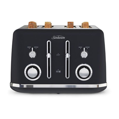 Sunbeam Alinea Classic 4 Slice Toaster in black, featuring dual controls, 9 browning settings, and a high-lift lever.