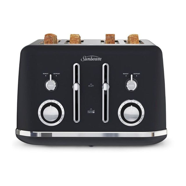 Sunbeam Alinea Classic 4 Slice Toaster in black, featuring dual controls, 9 browning settings, and a high-lift lever.