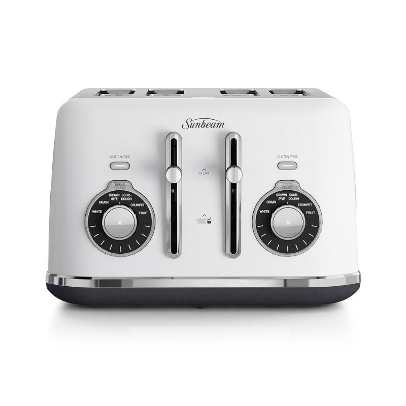 Sunbeam Alinea™ Select 4 Slice Toaster in white, featuring 6 bread types, 9 browning settings, and a high lift lever.