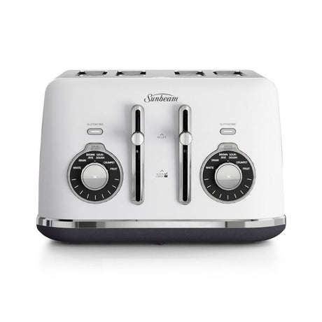 Sunbeam Alinea™ Select 4 Slice Toaster in white, featuring 6 bread types, 9 browning settings, and a high lift lever.