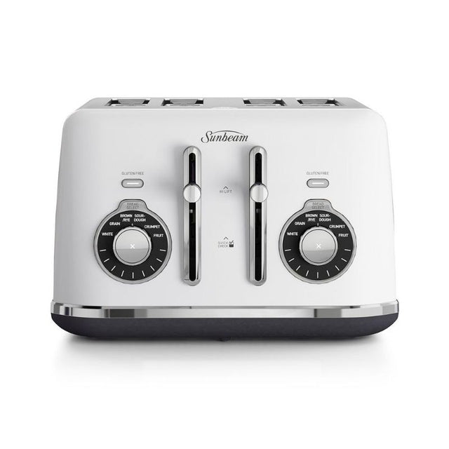 Sunbeam Alinea™ Select 4 Slice Toaster in white, featuring 6 bread types, 9 browning settings, and a high lift lever.