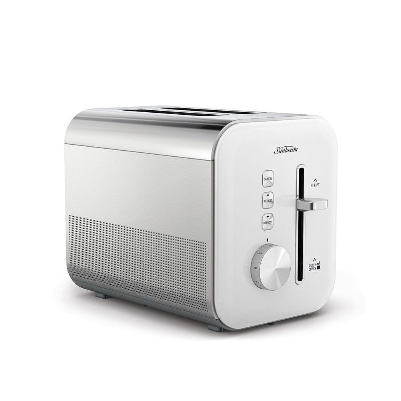 Elegant white 2-slice toaster with 9 browning settings, defrost, and reheat functions for perfect toast every time.