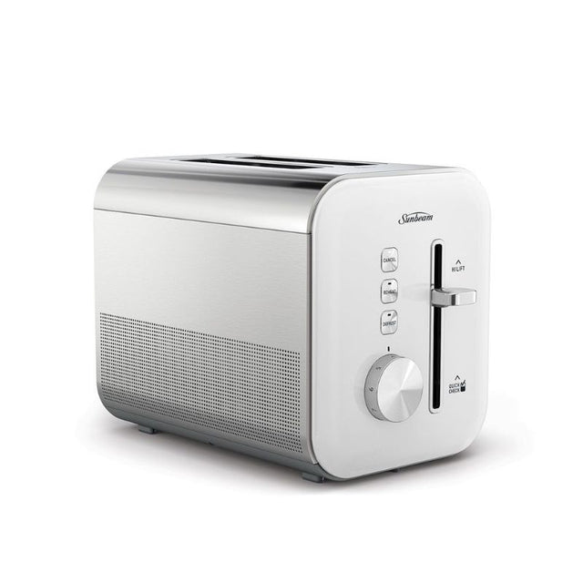 Elegant white 2-slice toaster with 9 browning settings, defrost, and reheat functions for perfect toast every time.
