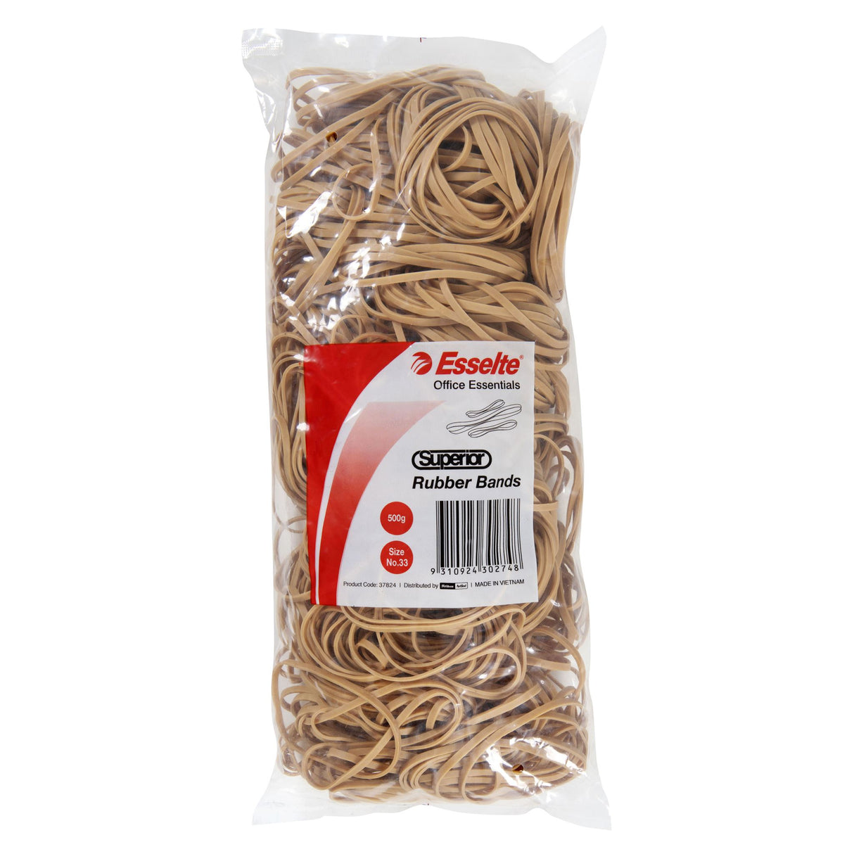 Esselte Superior Rubber Bands Size 33 in a 500gm bag, made of natural rubber for strength and elasticity, ideal for organizing.