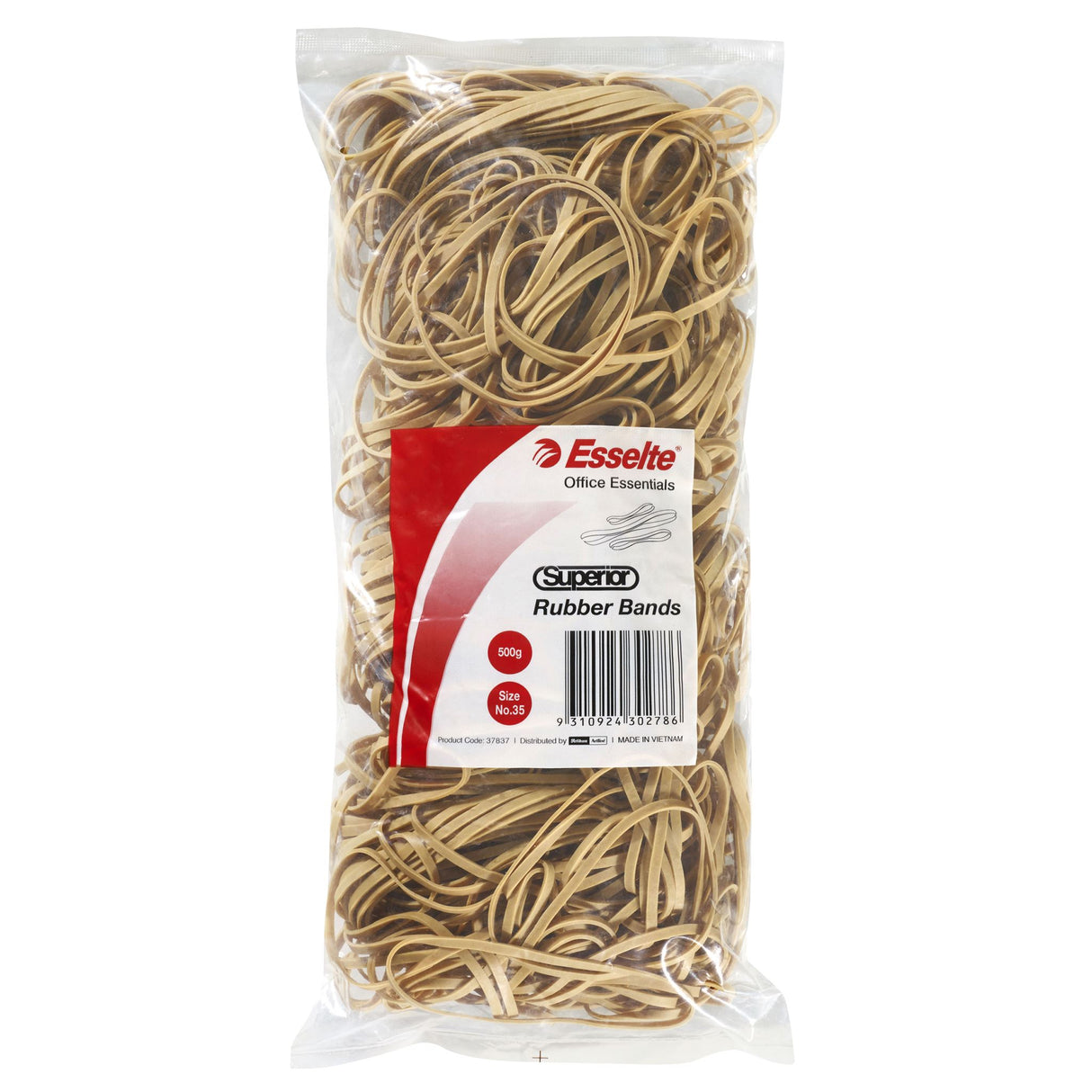 Bag of Esselte Superior Rubberbands Size 35, 500gm, made from natural rubber for strong and reliable bundling needs.