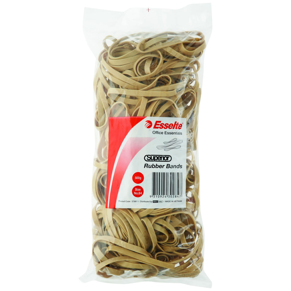Esselte Superior Rubberbands Size 64 in a 500g bag, made from durable natural rubber for reliable organizing and bundling.
