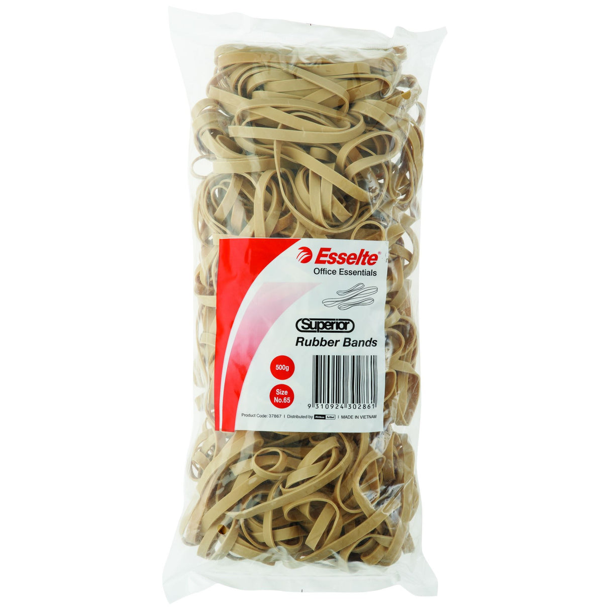 Esselte Superior Rubberbands Size 65 pack, 500g of durable natural rubber bands for organizing and bundling items.