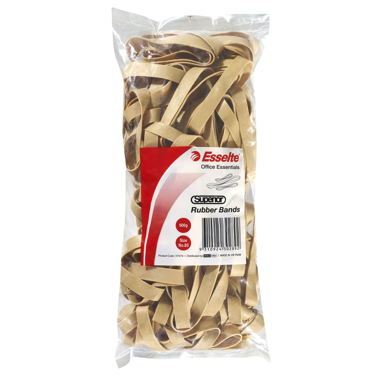 Esselte Superior Rubberbands Size 85 in a 500gm bag, made of durable natural rubber for versatile binding needs.