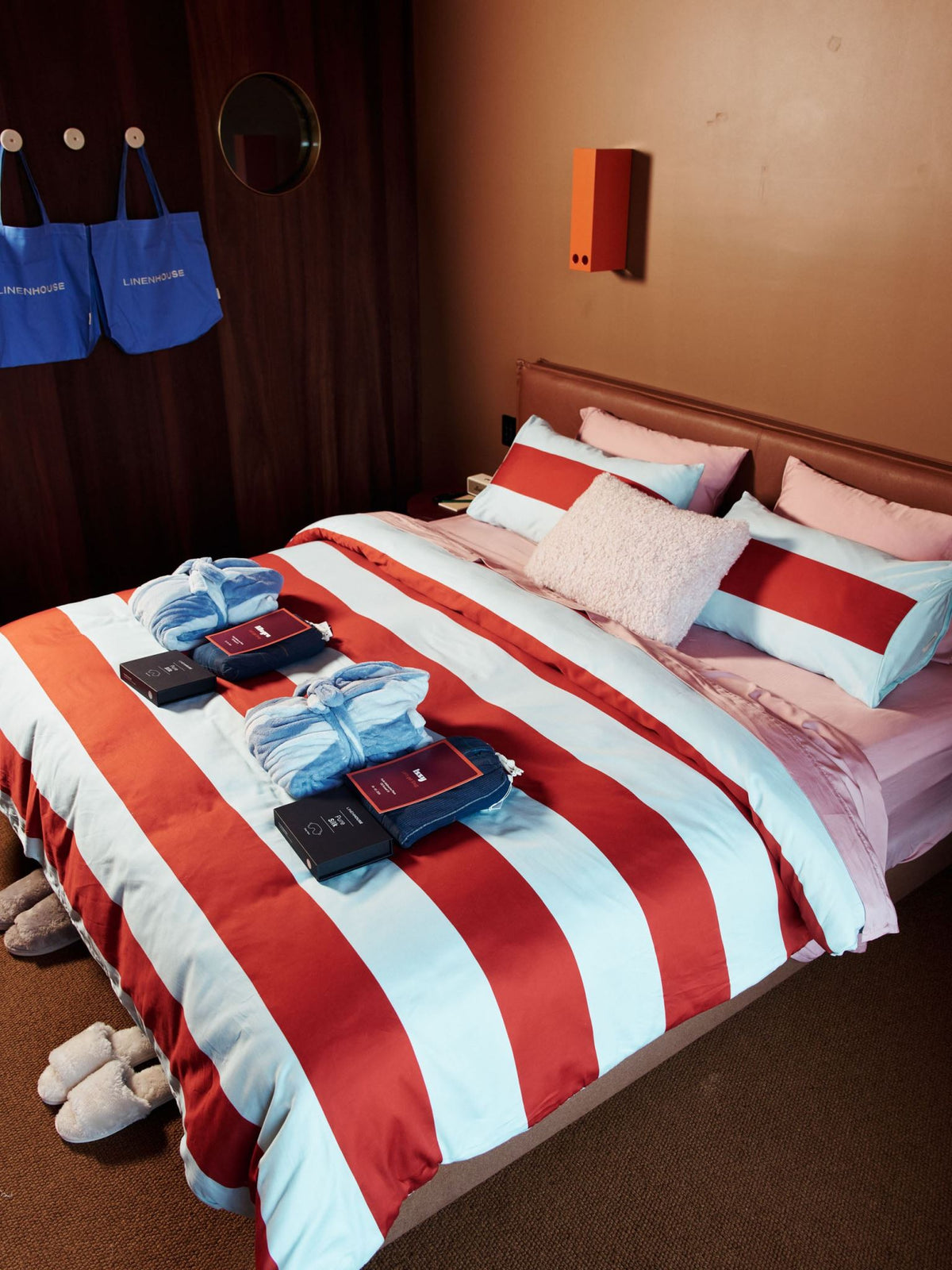 Quilt Cover Set - Rugby Stripe Chilli Linen House - King Brown