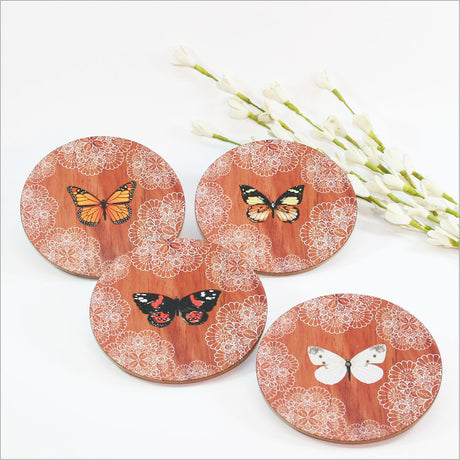 Elegant Butterfly Lace Coasters crafted from 4mm MDF with cork base, perfect for protecting surfaces and enhancing decor.