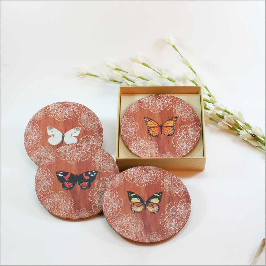 Elegant Butterfly Lace Coasters in gift box, 100mm, eco-friendly cork base, protect surfaces while enhancing decor.