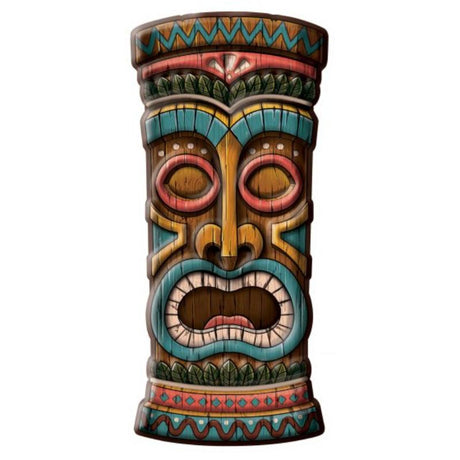 Vintage tiki head decoration in vibrant colors, perfect for tropical-themed parties and home decor.