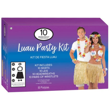 Vibrant Luau Wearable Party Kit for 10 people, includes skirts, leis, headwreaths, and wristlets for festive celebrations.