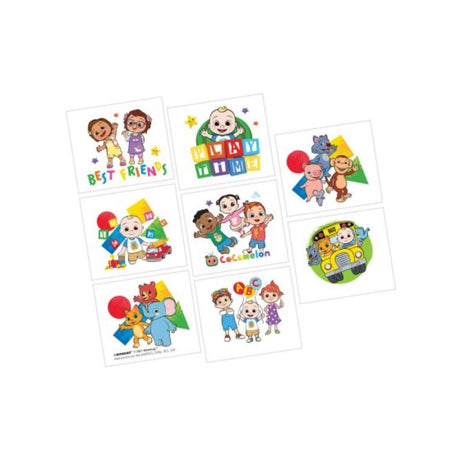 Colorful Cocomelon tattoos pack of 8 featuring popular characters, perfect for kids' parties and creative play.