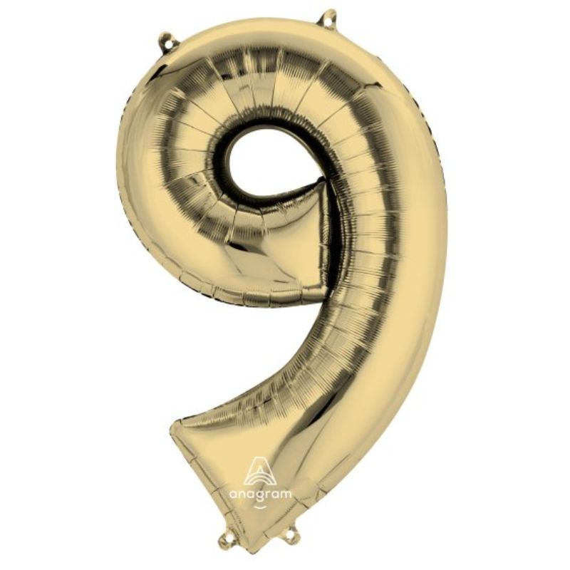 SuperShape White Gold Numeral 9 Balloon, 86cm, elegant decoration for birthdays and anniversaries.