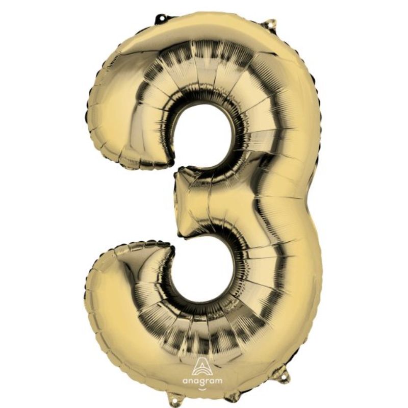 SuperShape White Gold Numeral 3 balloon, 86cm, self-sealing, ideal for elegant celebrations and milestone events.