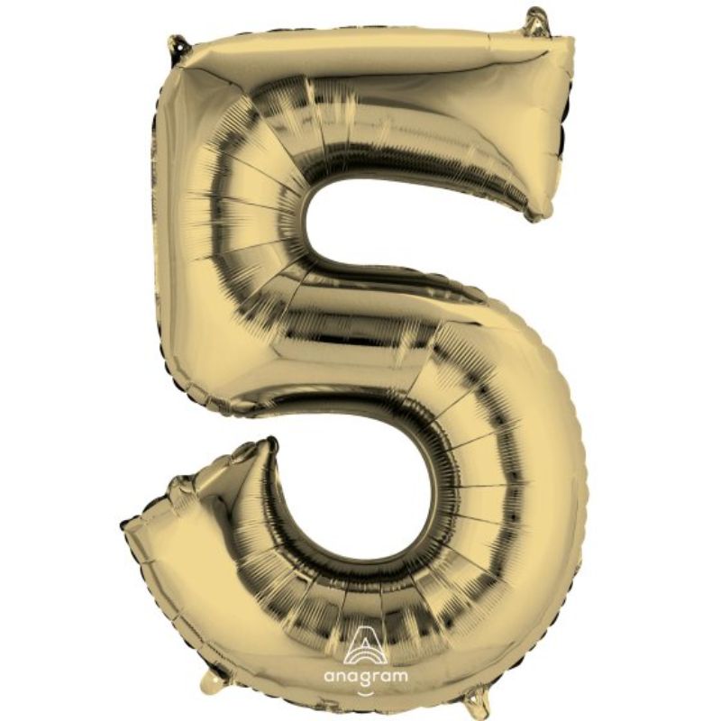 SuperShape white gold numeral 5 balloon, 86cm self-sealing foil, perfect for celebrations and milestones.