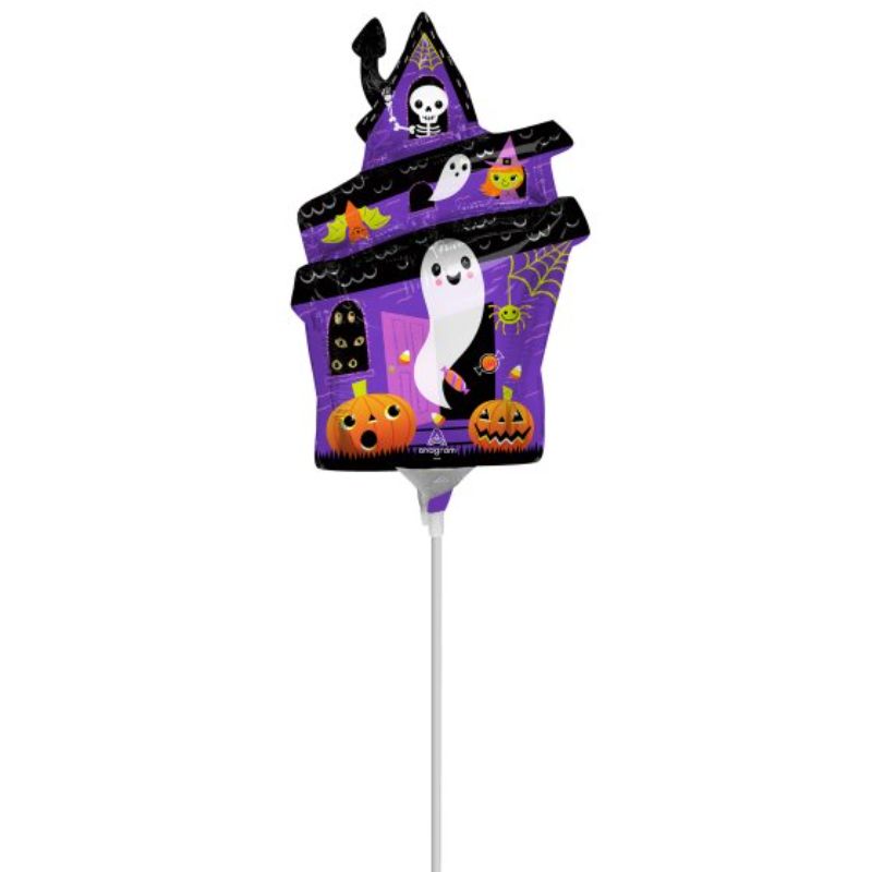Mini Haunted House foil balloon featuring ghosts and bats, perfect for Halloween celebrations and decorations.