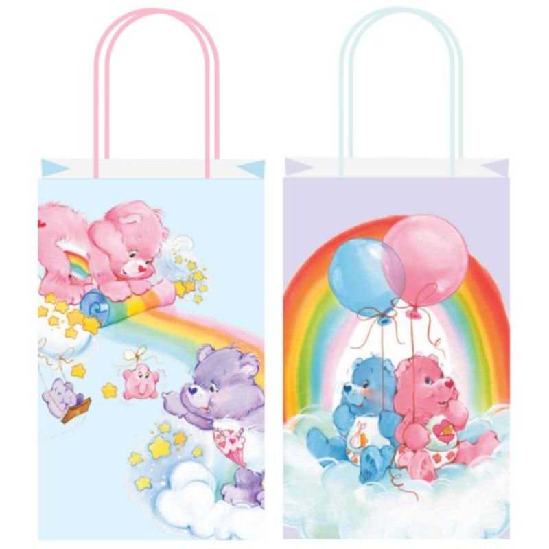 Pack of 8 Care Bears paper kraft bags featuring colorful designs, perfect for parties, gifts, and eco-friendly celebrations.