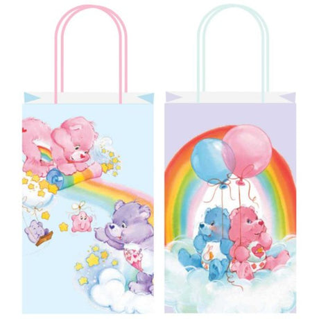 Pack of 8 Care Bears paper kraft bags featuring colorful designs, perfect for parties, gifts, and eco-friendly celebrations.