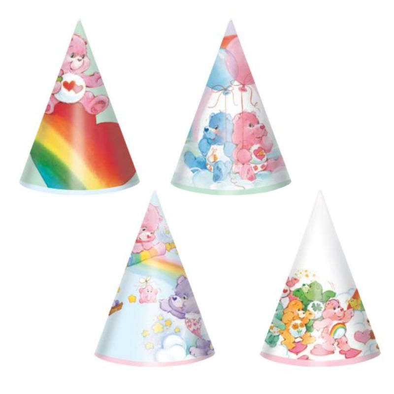 Pack of 8 vibrant Care Bears mini cone hats for kids' parties, featuring adorable designs for festive celebrations.