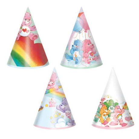 Pack of 8 vibrant Care Bears mini cone hats for kids' parties, featuring adorable designs for festive celebrations.