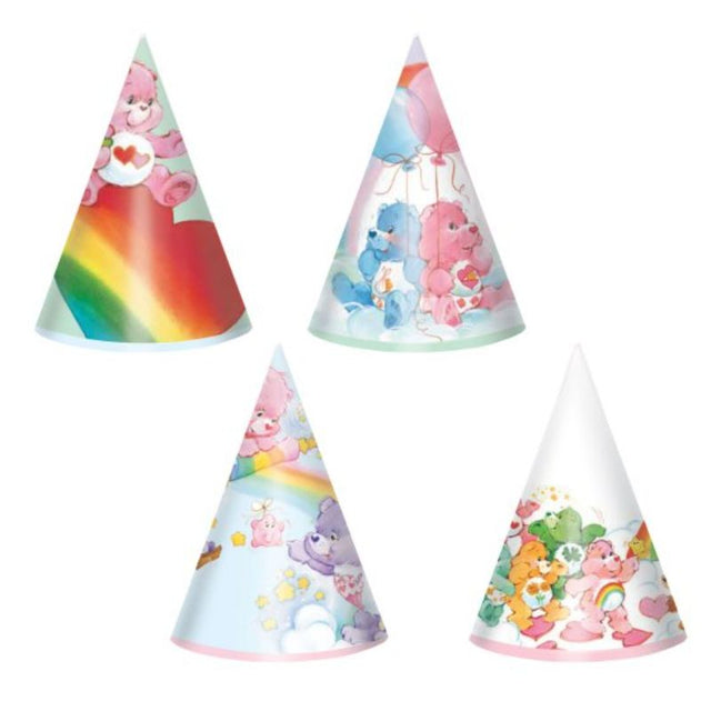 Pack of 8 vibrant Care Bears mini cone hats for kids' parties, featuring adorable designs for festive celebrations.
