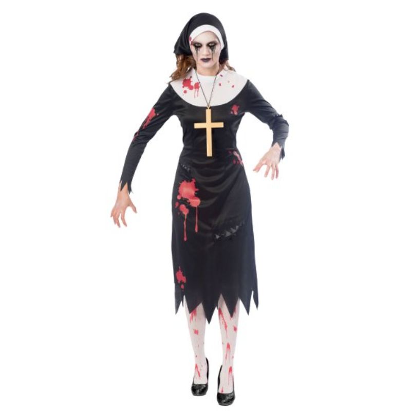 Women's Zombie Nun costume featuring a black tattered dress, headpiece, and cross necklace for Halloween events.