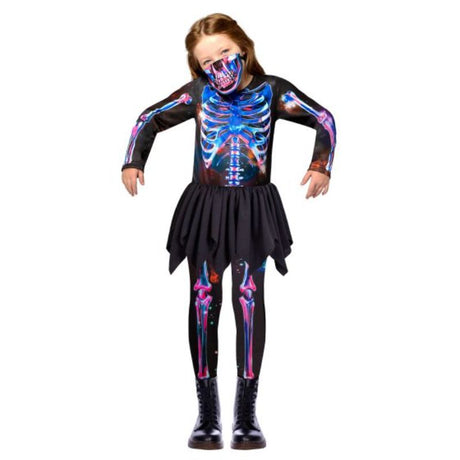 Adorable skeleton jumpsuit costume for girls 6-8 years, perfect for Halloween fun and trick-or-treating.