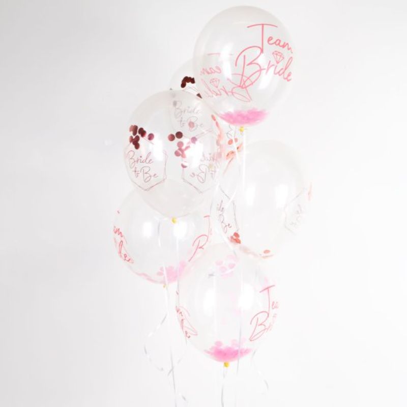 Pack of 6 vibrant Team Bride 30cm latex balloons with shimmering confetti for bridal celebrations and bachelorette parties.