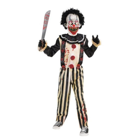 Costume Slasher Clown for boys 10-12, features blood-splattered jumpsuit and creepy foam mask with colorful hair.