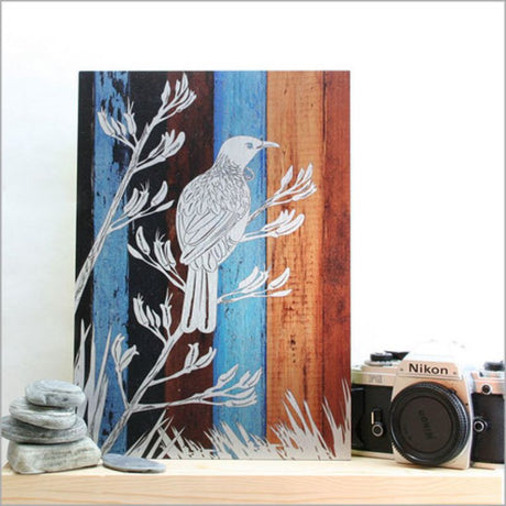 Elegant wall art featuring a Tui bird on aged timber, printed on ACM Brushed Silver, measuring 205mm x 288mm.