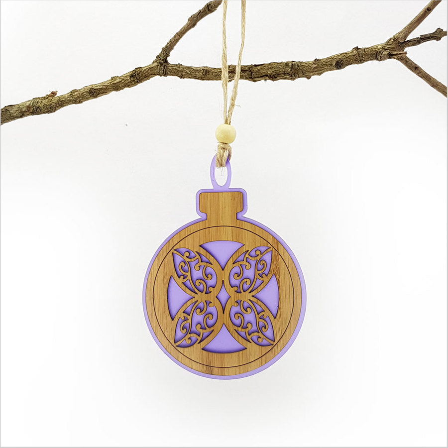 Purple satin acrylic hanging ornament featuring a floral design, perfect for festive decor or special occasions.