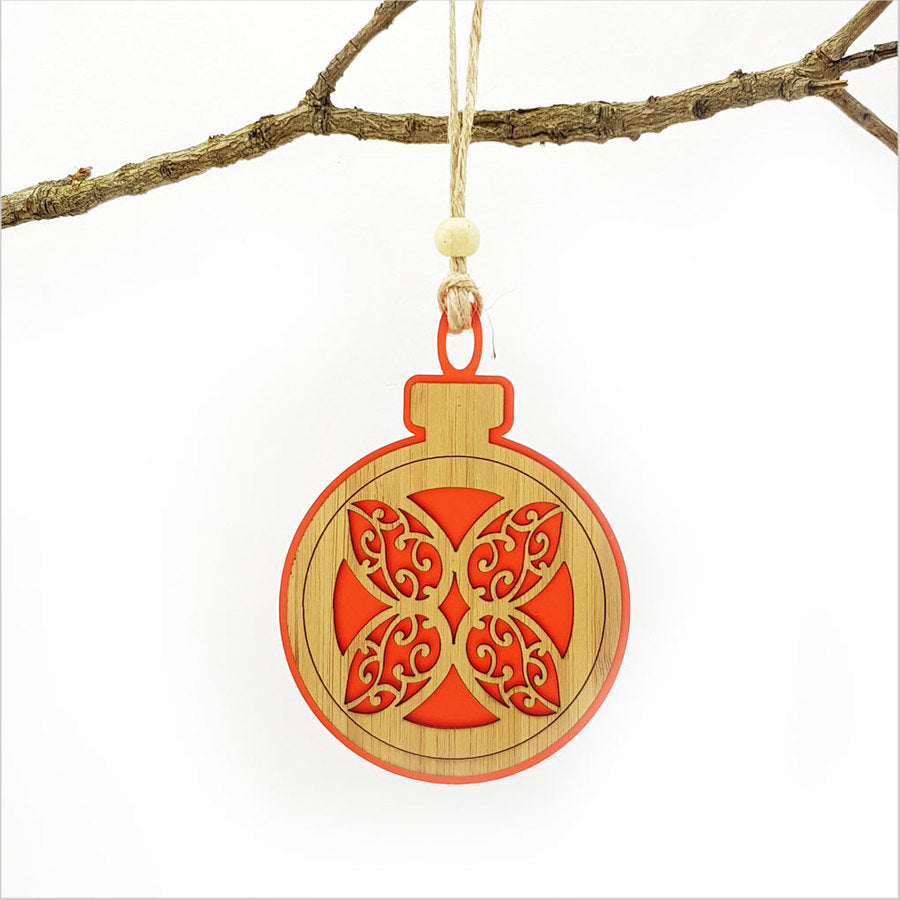 Red satin acrylic hanging ornament featuring intricate laser-cut flower design, perfect for festive decor or gifts.
