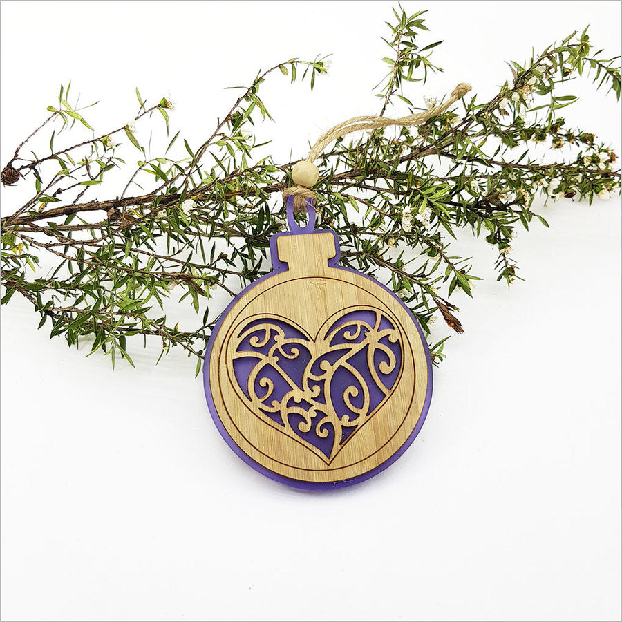 Elegant purple heart-shaped acrylic bauble ornament, perfect for Christmas or everyday decor, lightweight and ready to hang.
