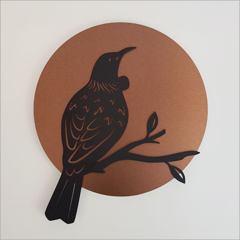 Elegant 37cm copper circle wall art featuring brushed copper and black acrylic, perfect for indoor or outdoor display.