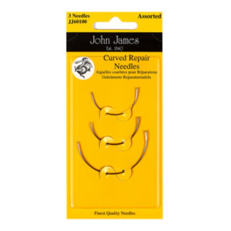 John James 3 Piece Household Repair Kit featuring high-strength curved needles for easy mending and sewing projects.