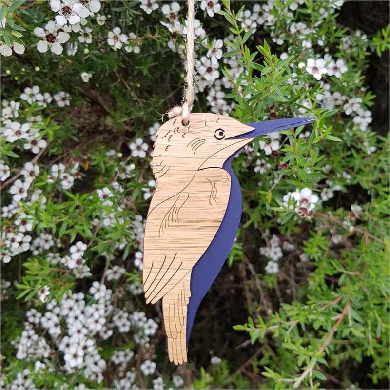 Hanging Kingfisher ornament in blue satin acrylic and bamboo, eco-friendly decor for bird lovers, ready to hang.