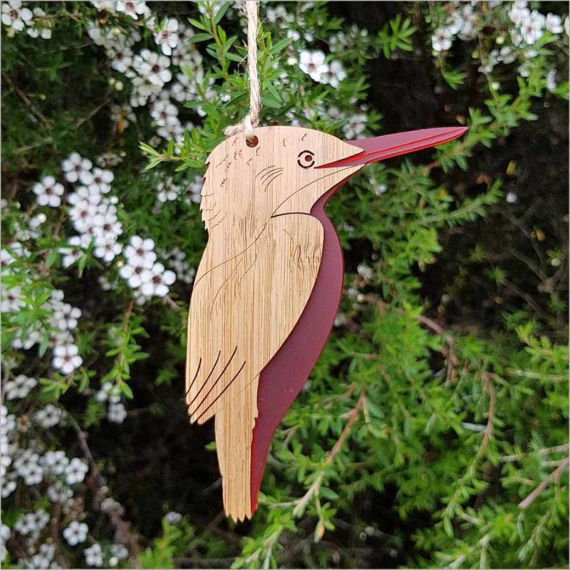 Beautiful Kingfisher hanging ornament, crafted from bamboo and red ice acrylic, perfect for eco-friendly decor.