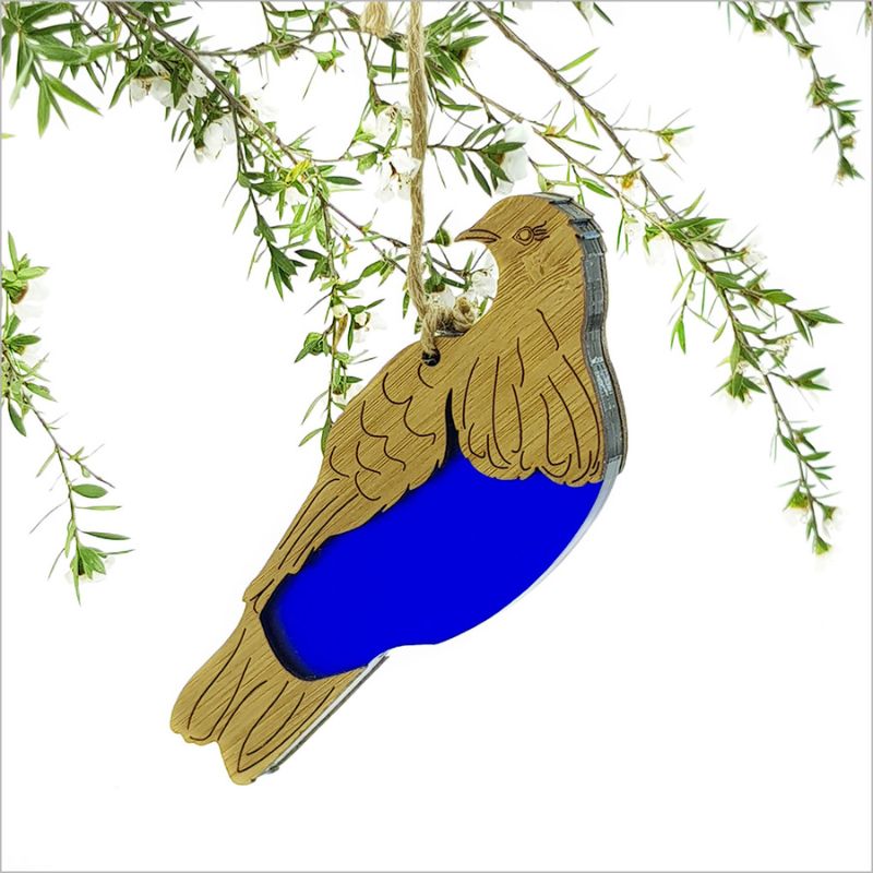 Hanging ornament featuring a blue satin acrylic Kereru design, crafted from sustainable bamboo, perfect for home decor.