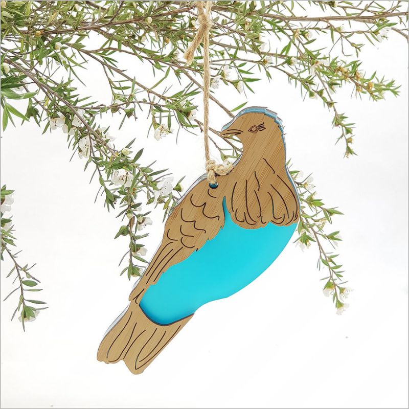 Teal satin acrylic and bamboo Kereru hanging ornament, eco-friendly decor, 96mm x 118mm, beautiful craftsmanship.